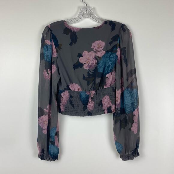 Wilfred Cropped Semi Sheer V Neck Blouse Gray Floral Womens Size Small - Picture 8 of 12